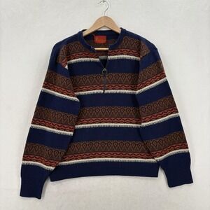 Vintage Kings Road Sweater Mens L Blue Acrylic 1/4 Zip Fair Isle Knit Pullover